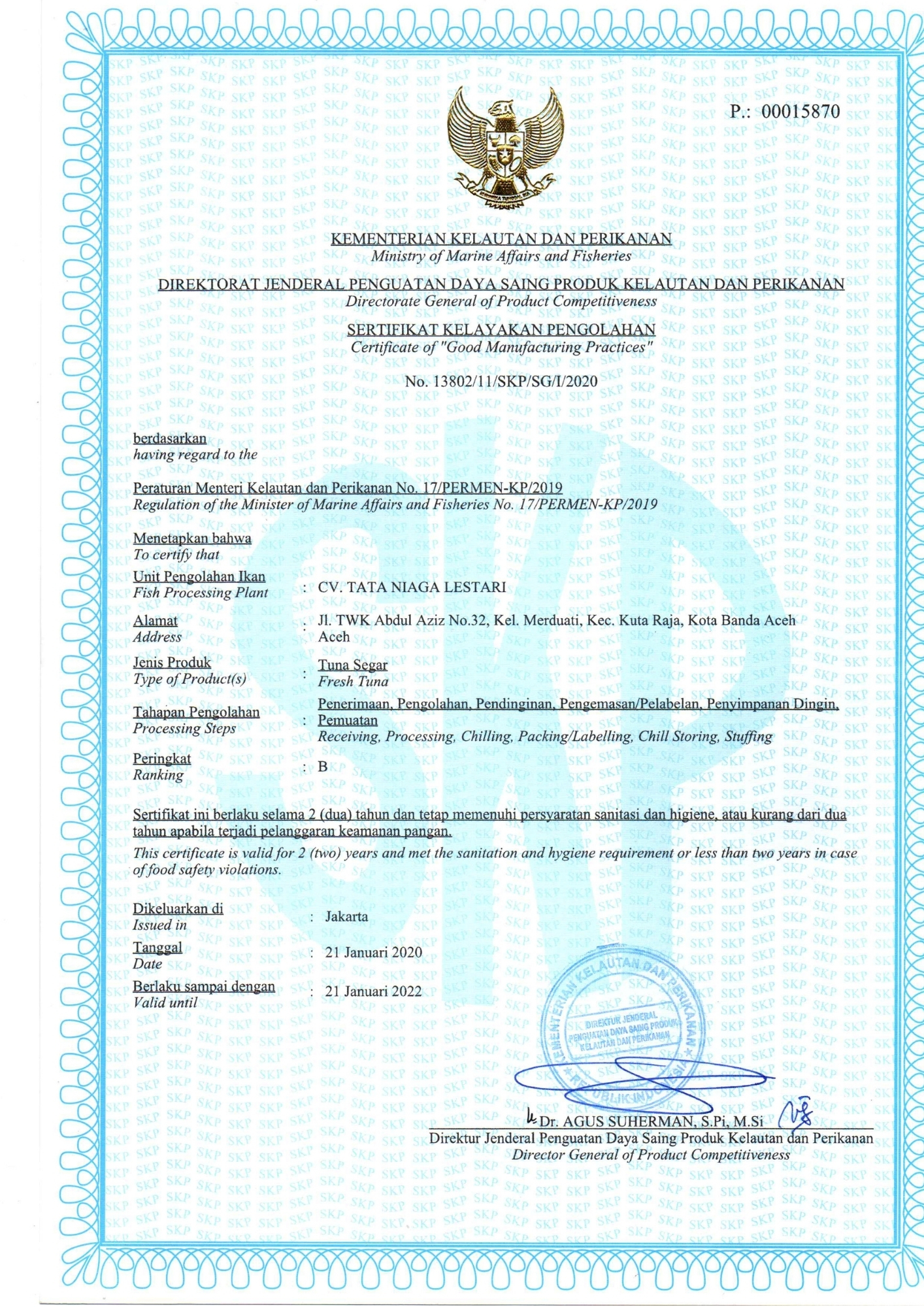 Certificate of Good Manufacturing Practices - Fresh Tuna
